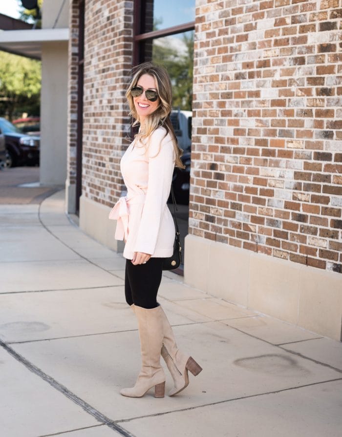 Leggings with pink wrap cardigan and tall boots #fallfashion #winterfashion 6