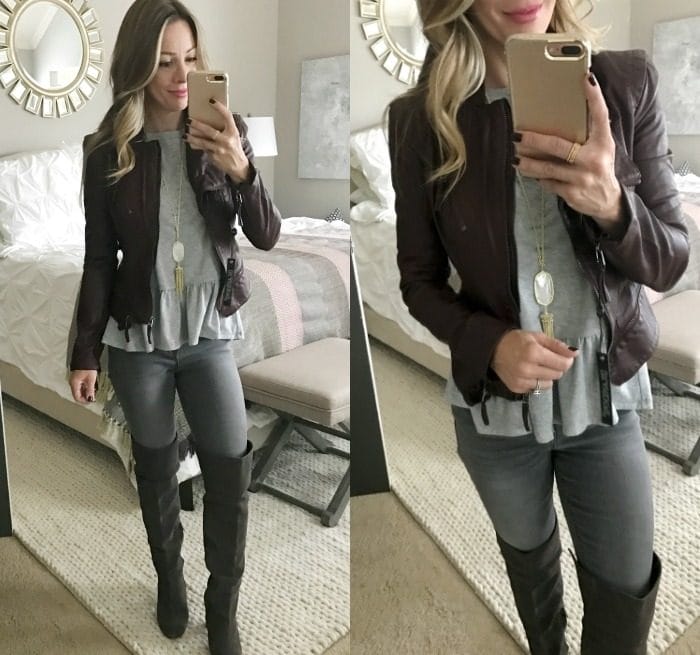 grey jeans outfit with faux leather jacket