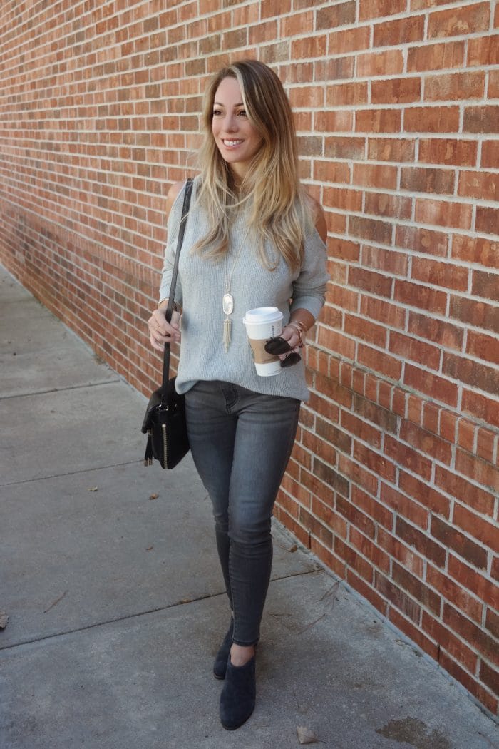 grey jeans with grey cold shoulder top 