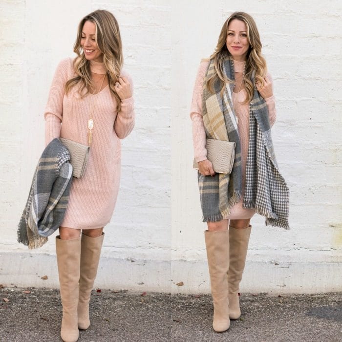 pink sweater dress with grey scarf