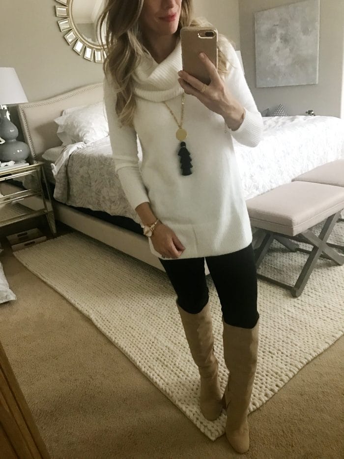 Jen7 black jeans and white sweater with boots
