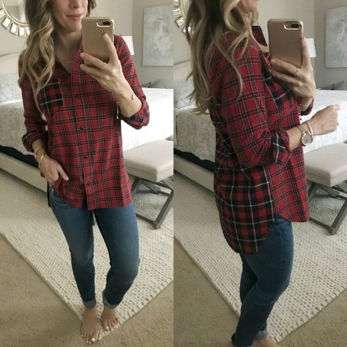 red plaid button down