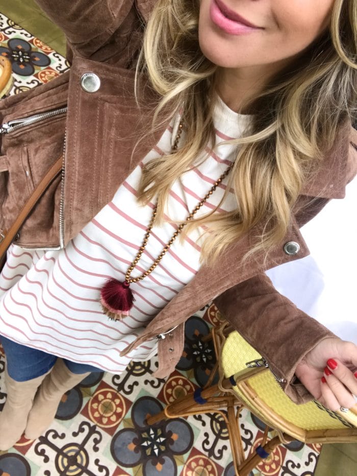 Comfy cute winter outfit - jeans, striped top, suede moto jacket