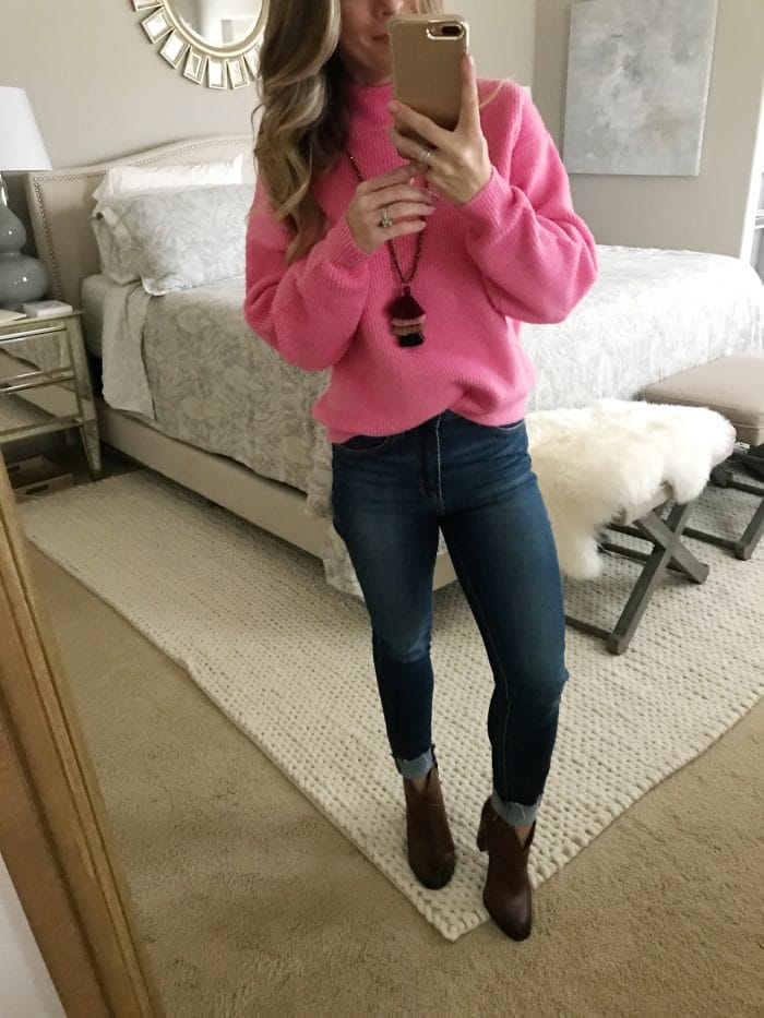 Pink sweater and high waist jeans