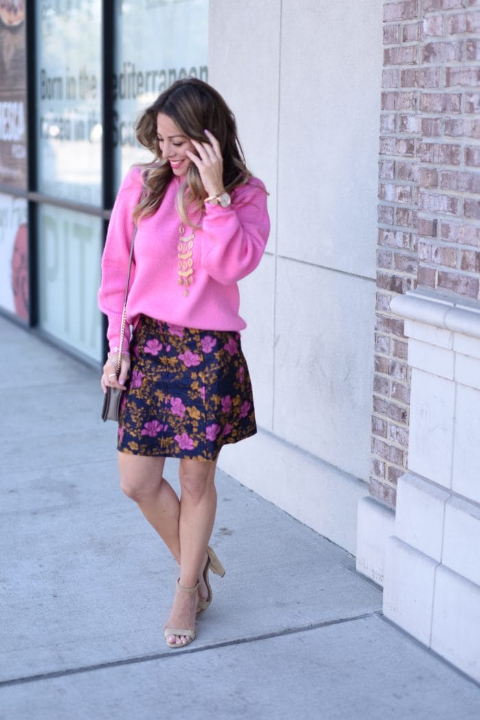 Pink sweater and print skirt 3