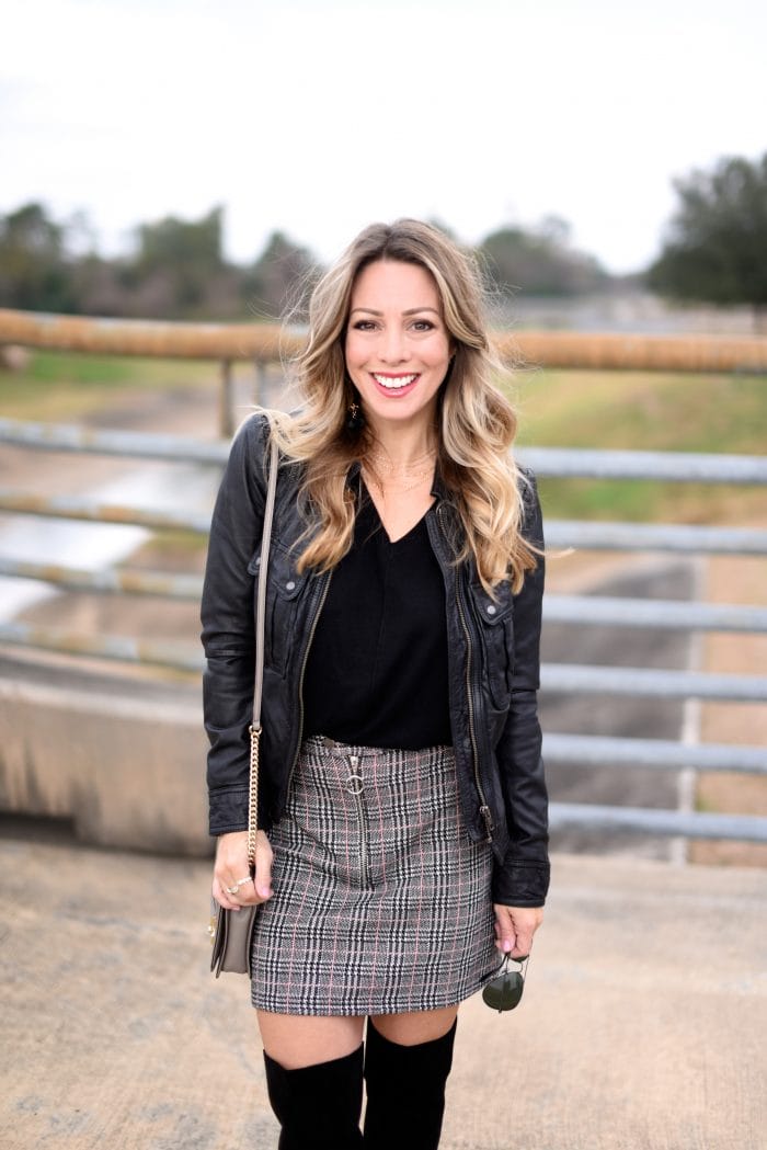 Plaid Skirt w black sweater and over the knee boots 2