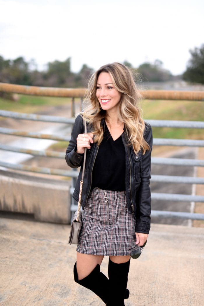Plaid Skirt w black sweater and over the knee boots 3