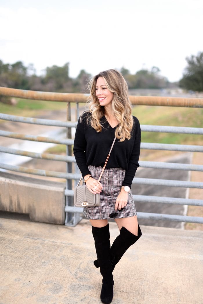 Plaid Skirt w black sweater and over the knee boots 4