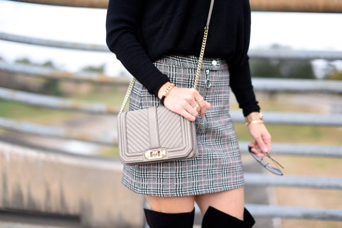 Plaid Skirt w black sweater and over the knee boots 6