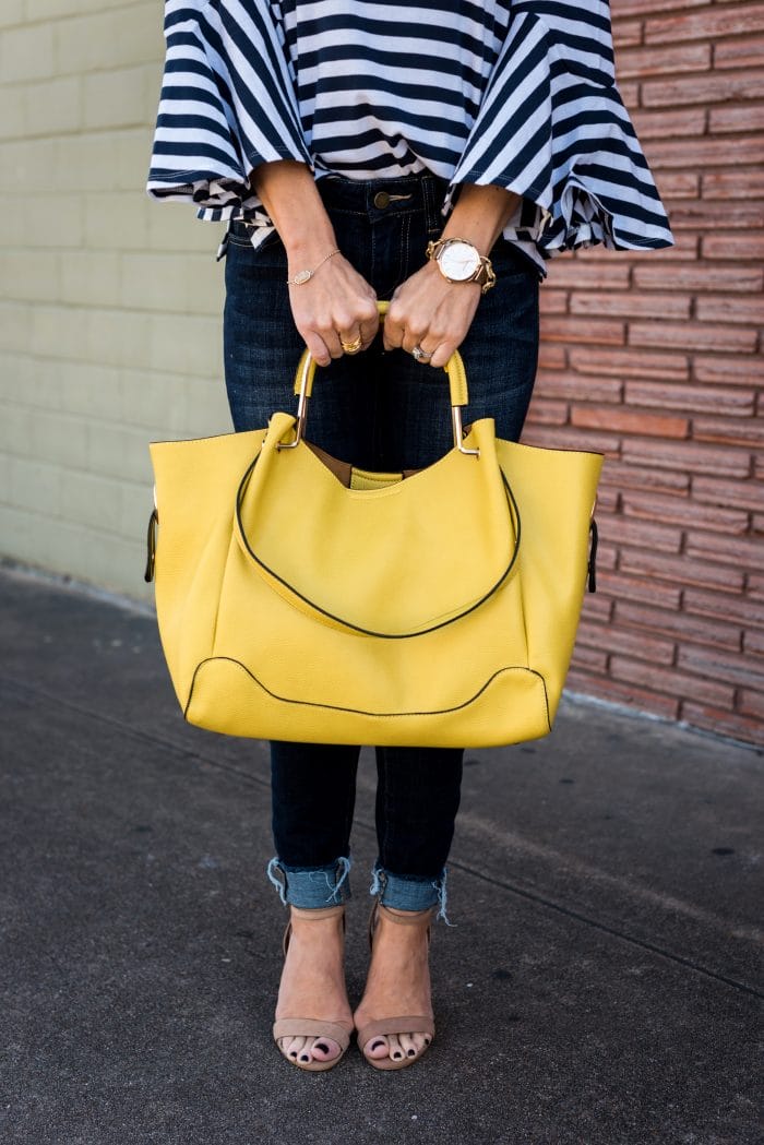 Stripe Bell Sleeve Top with skinny jeans and yellow bag 10