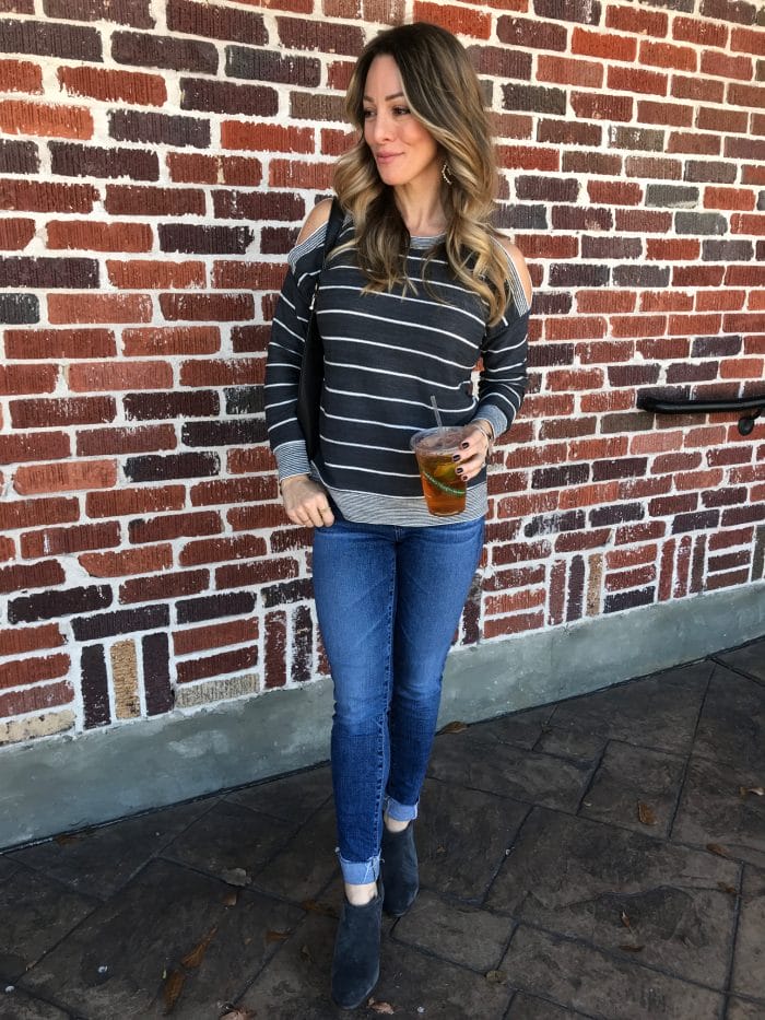 Striped off shoulder top w skinny jeans and booties