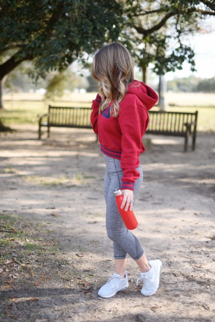 Zella workout crop leggings with red FILA sweatshirt