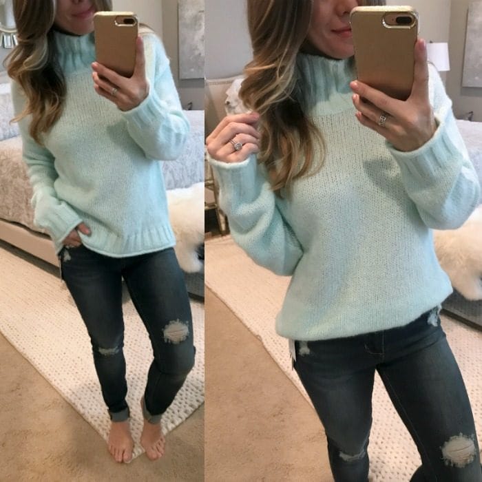 mint sweater and ripped skinny jeans