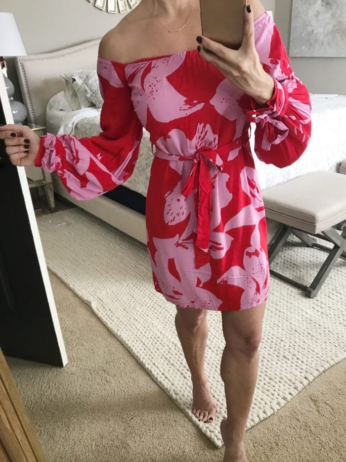 pink and red print dress