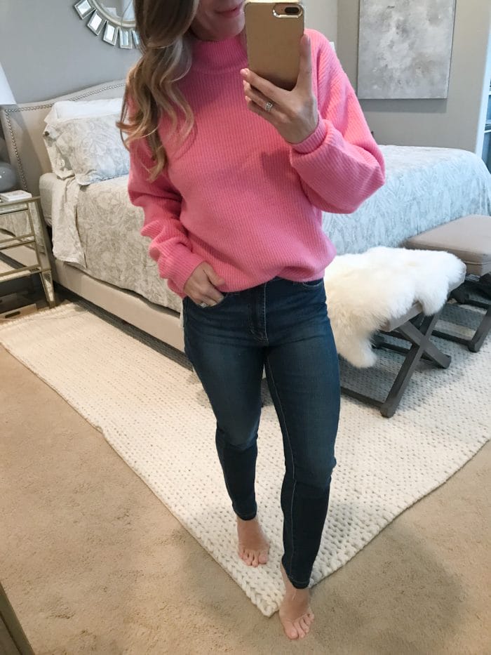 pink sweater high waist skinny jeans