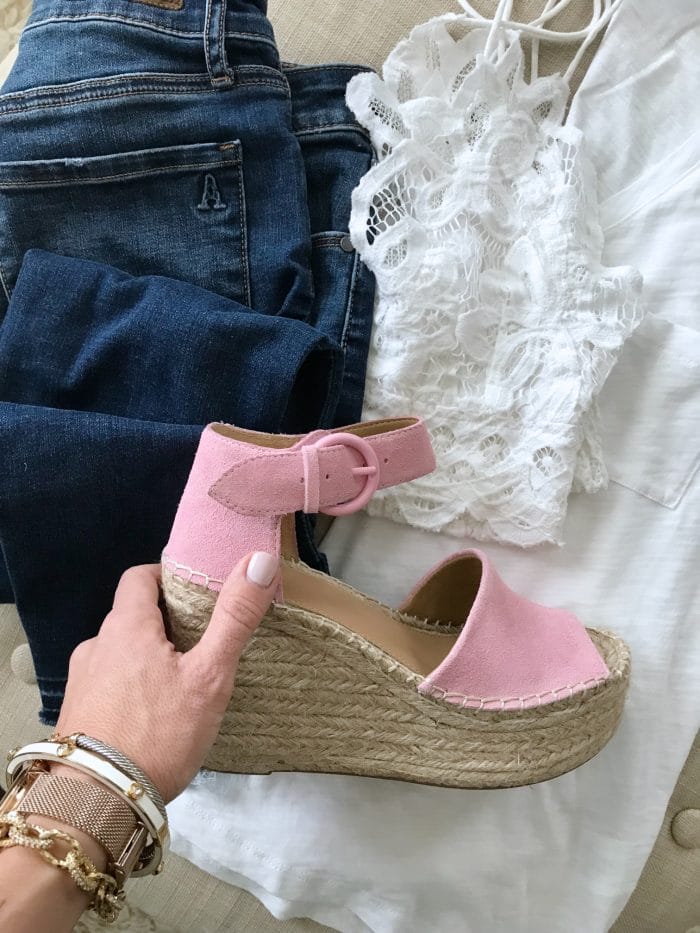 Outfit inspiration - jeans, espadrilles, white tank and bralette