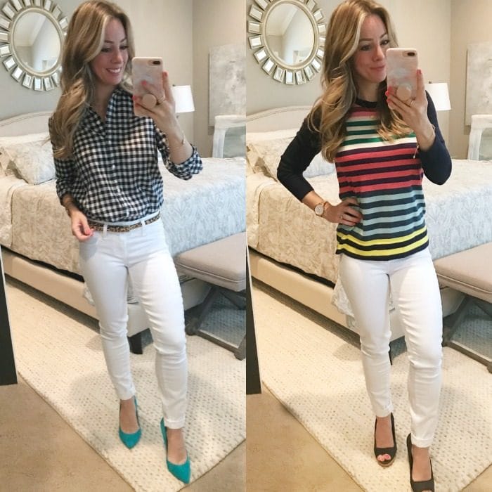 Paige white jeans ginham and striped sweater