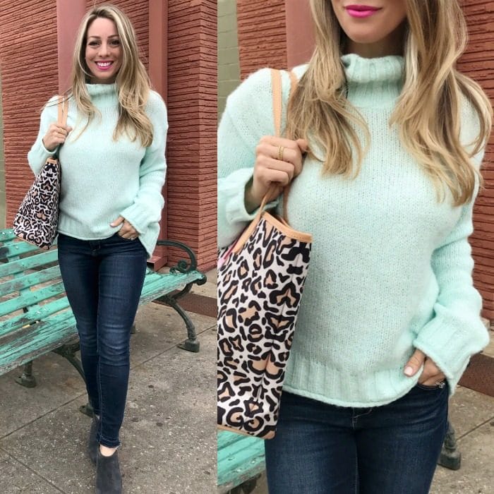 Skinny Jeans w Mint Sweater and leopard bag