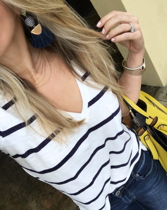 Striped v-neck tee and layered necklace