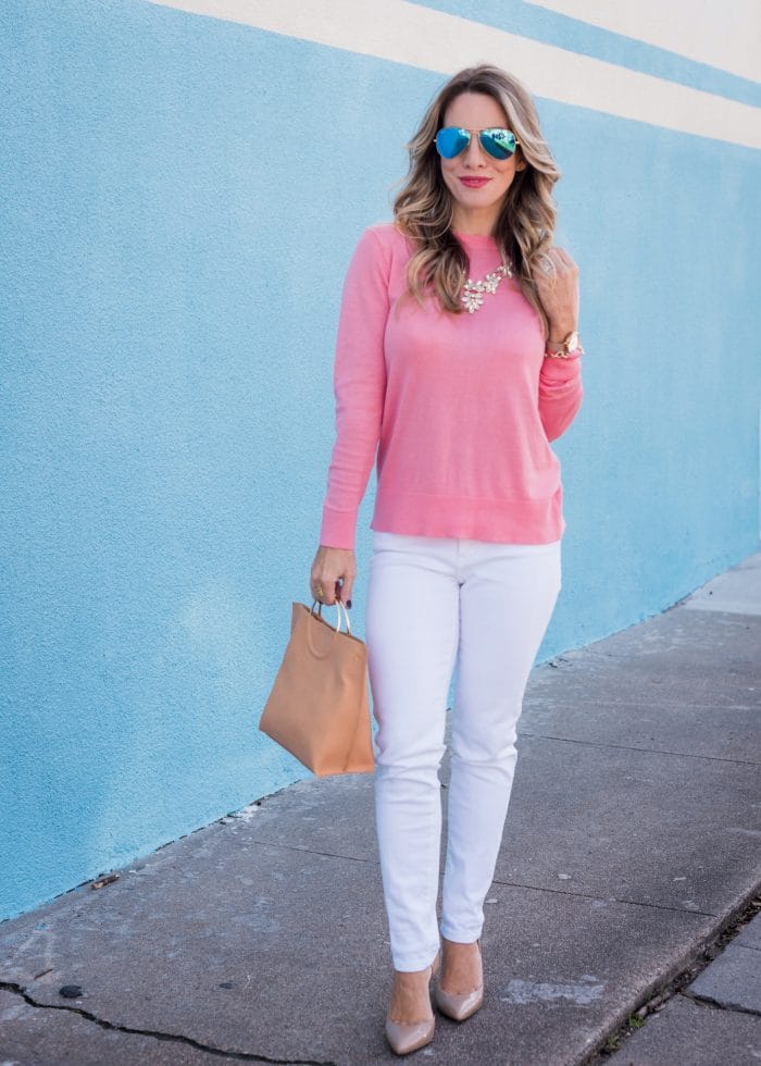 Transitional Spring Outfit- bow back sweater with white jeans, heels and tan bag 1
