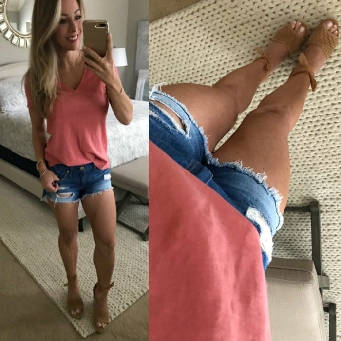 shorts, v-neck tee and wedges