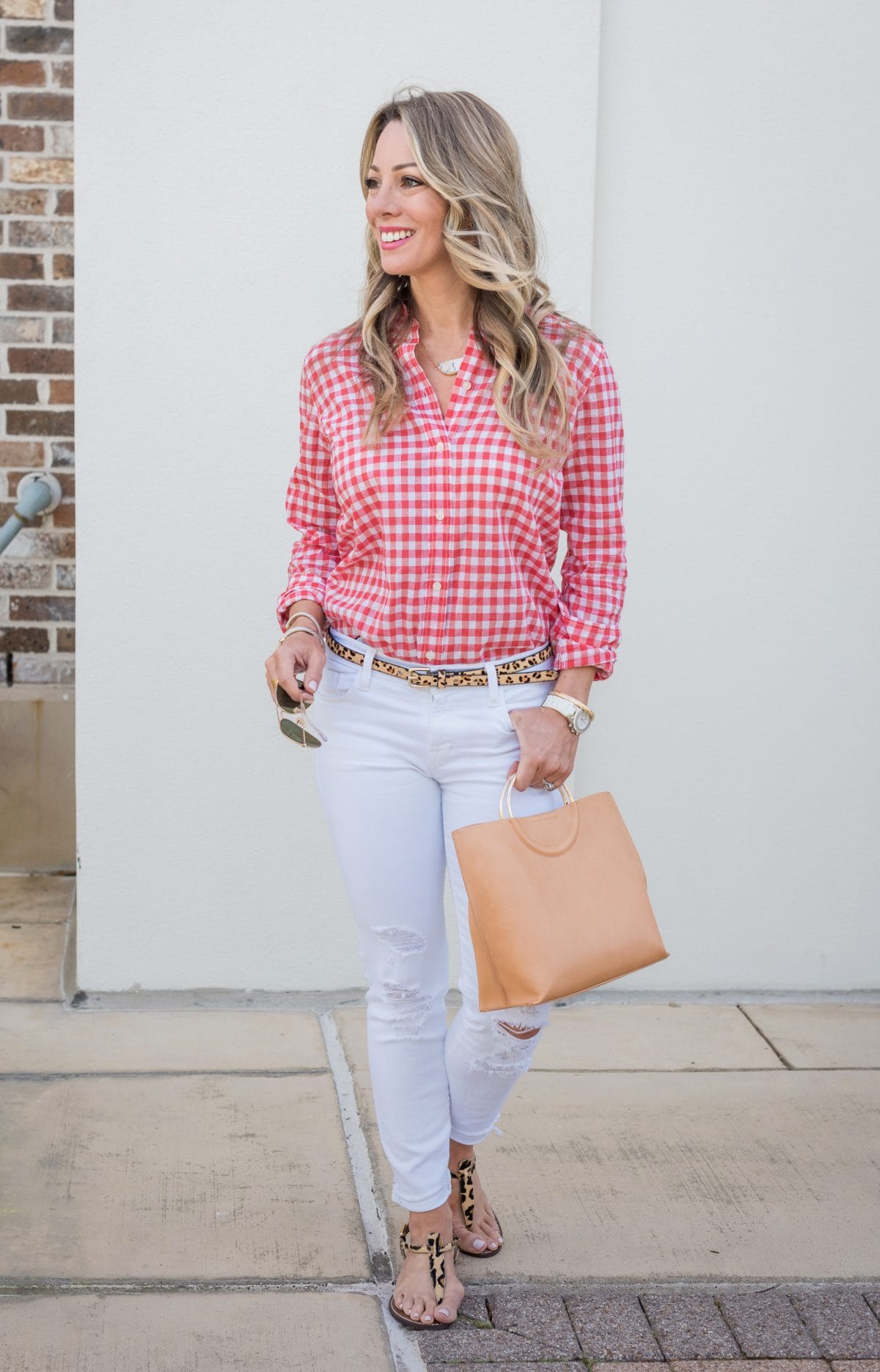 Casual Weekend Outfit - white jeans pink gingham top 7