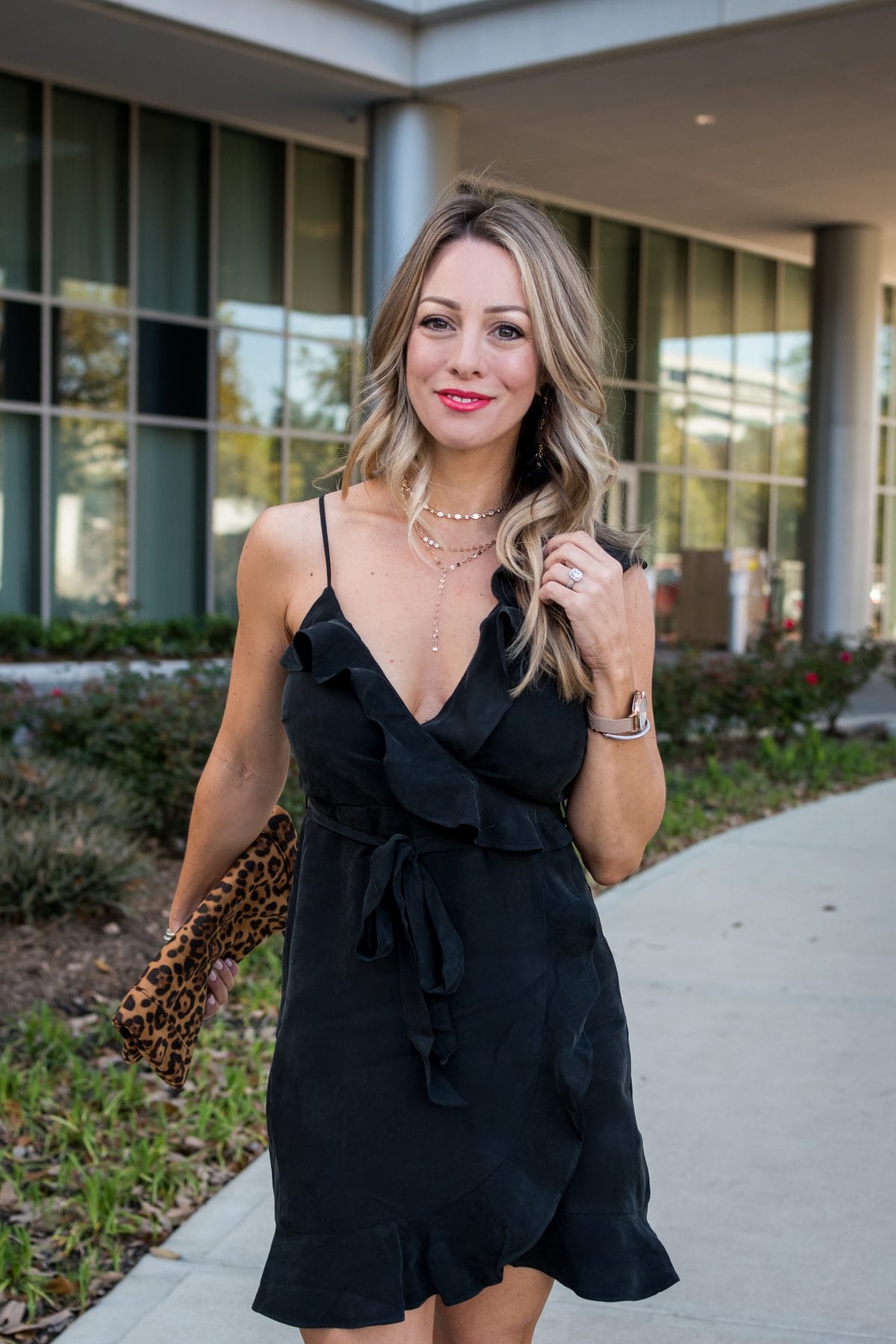 Black ruffle wrap store dress