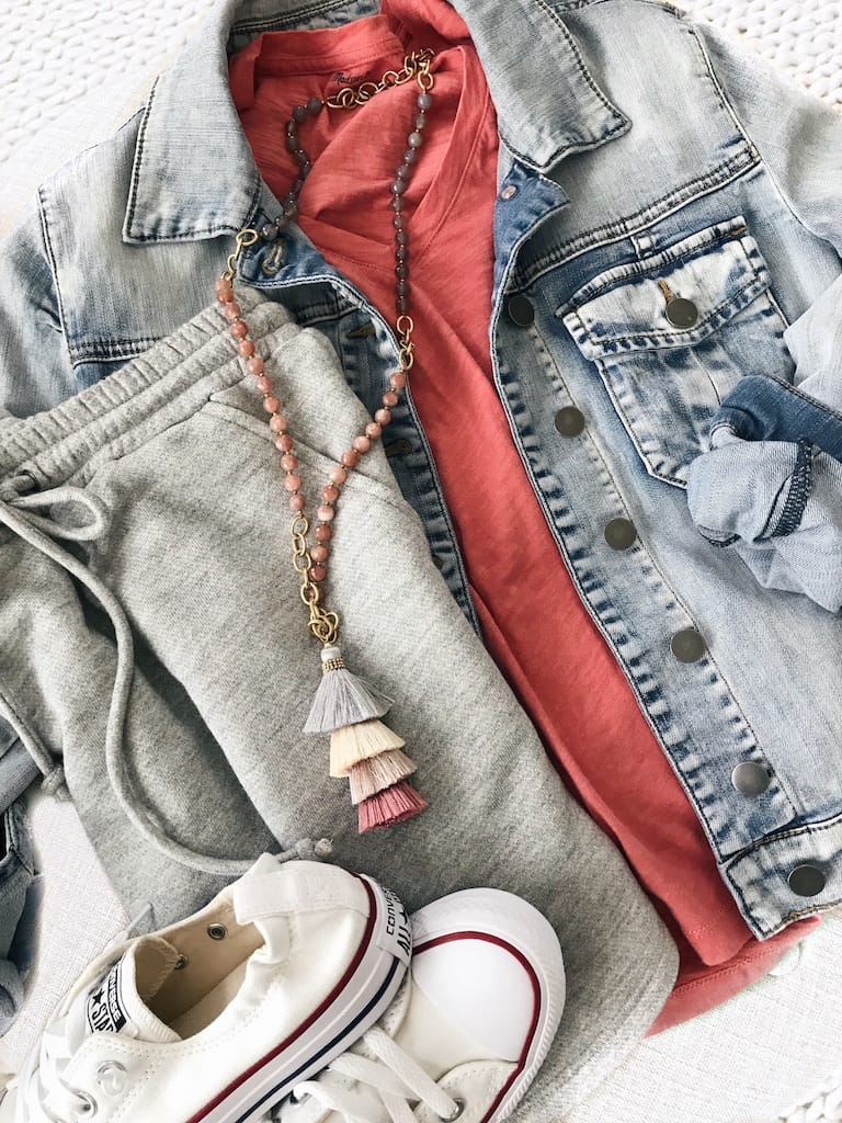 Jean jacket, tee, skirt, converse, pendant necklace