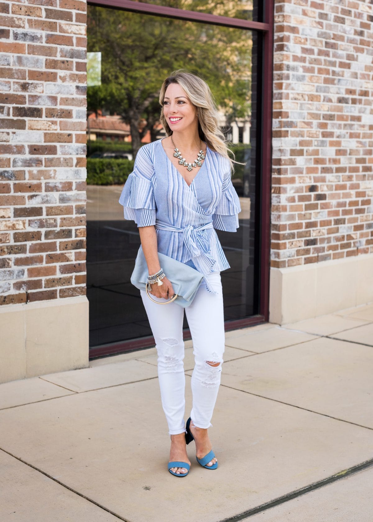 Spring Outfit - blue wrap ruffle sleeve top and white jeans 2