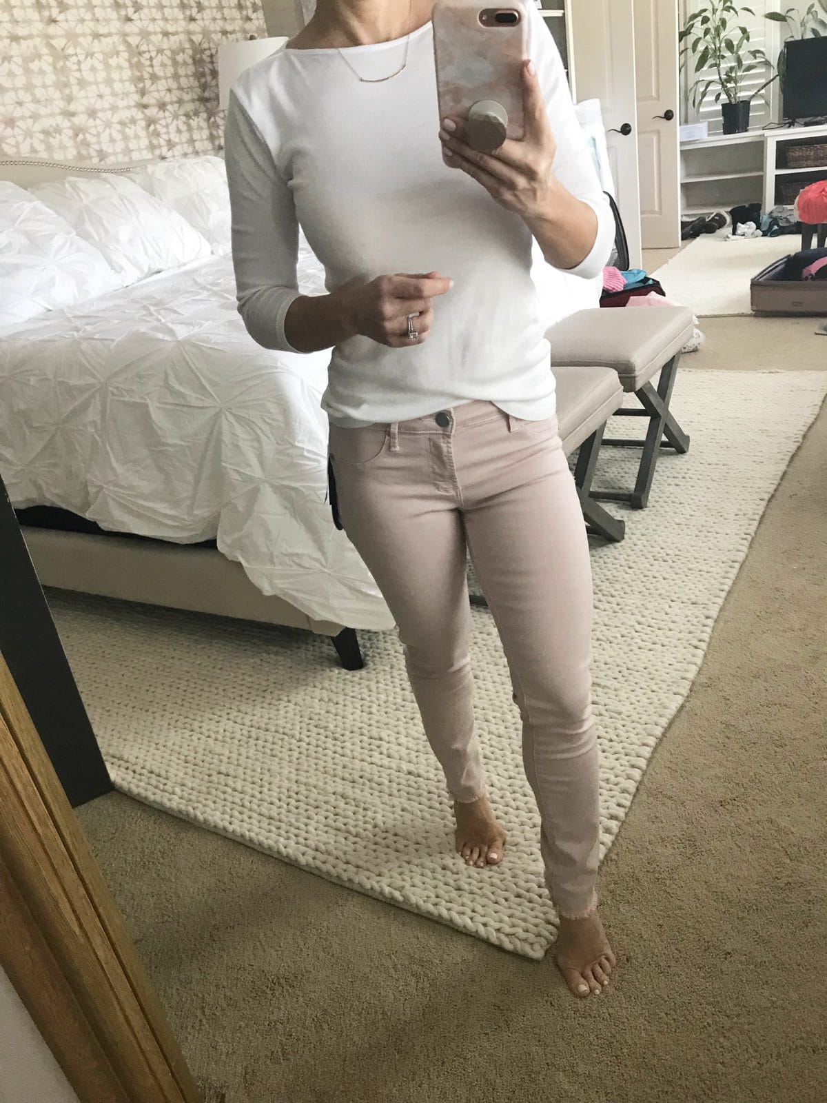 Spring Outfits - Pink Jeans and white top-1