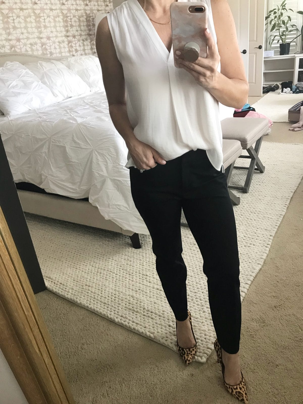 Spring Work Outfit- black pants, white shell and leopard heels-1