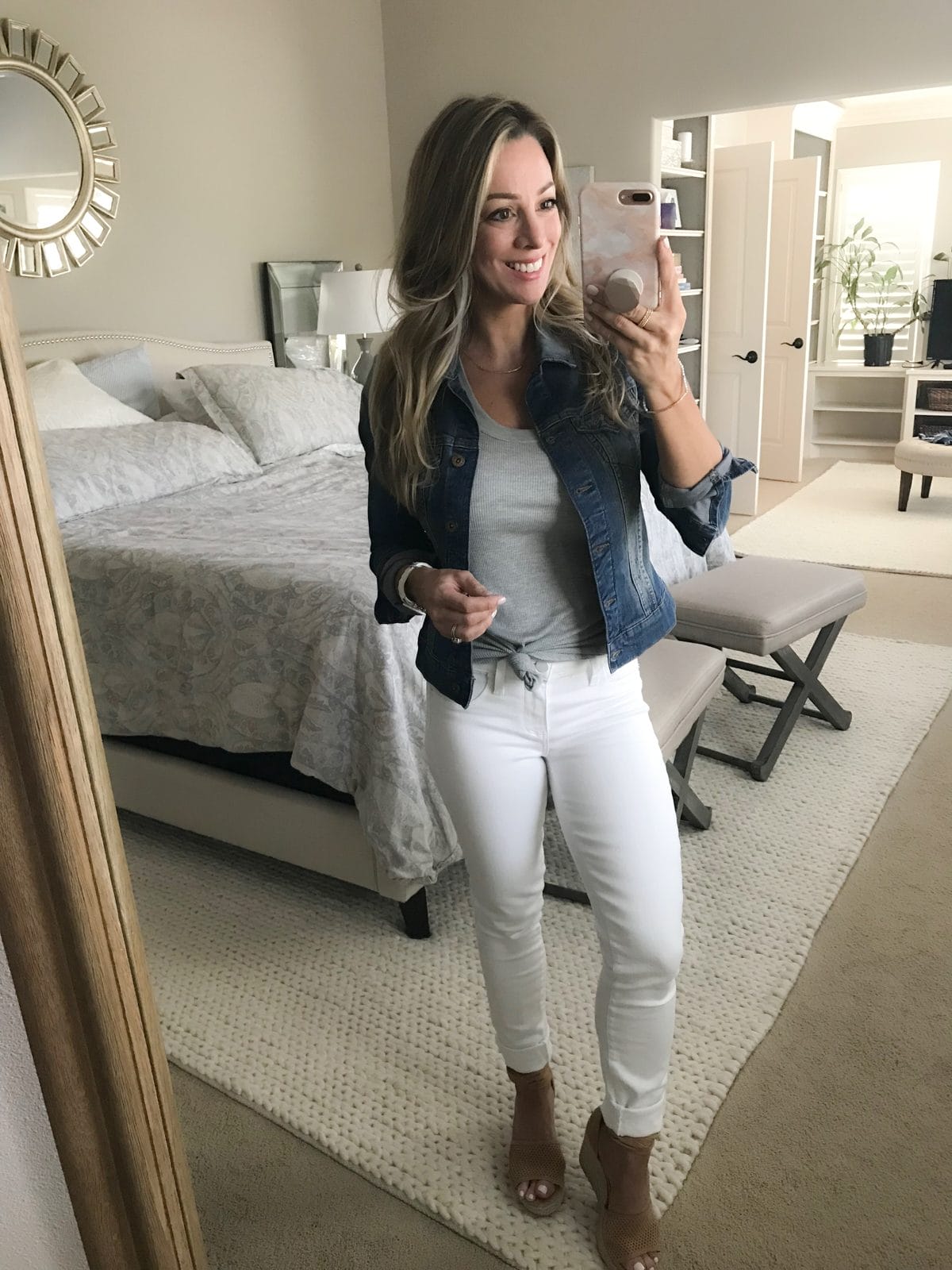 White jeans with jean jacket-1