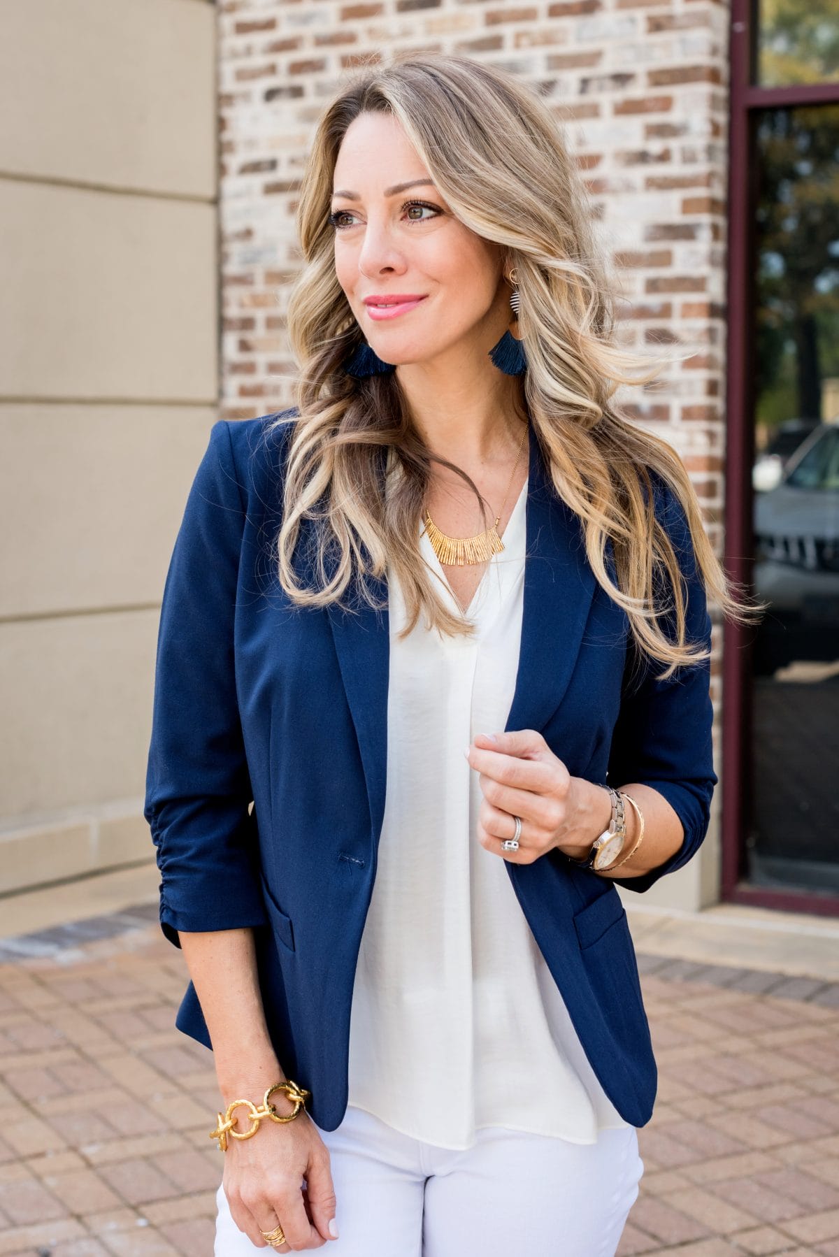 White jeans hotsell and blue blazer