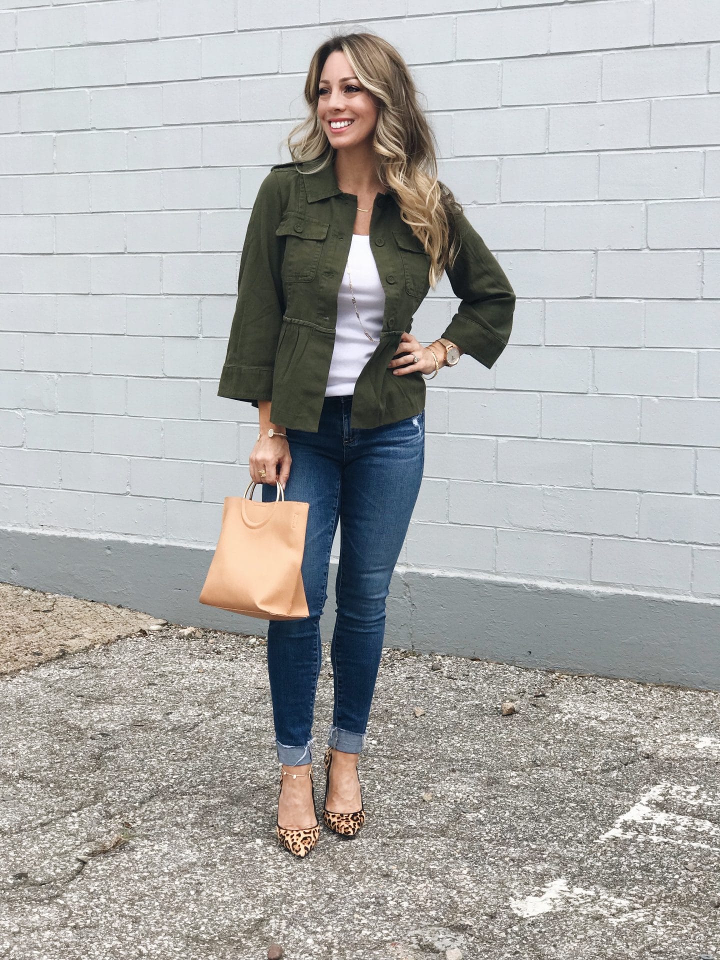 Spring Casual Outfit - skinny jeans, military jacket and leopard heels