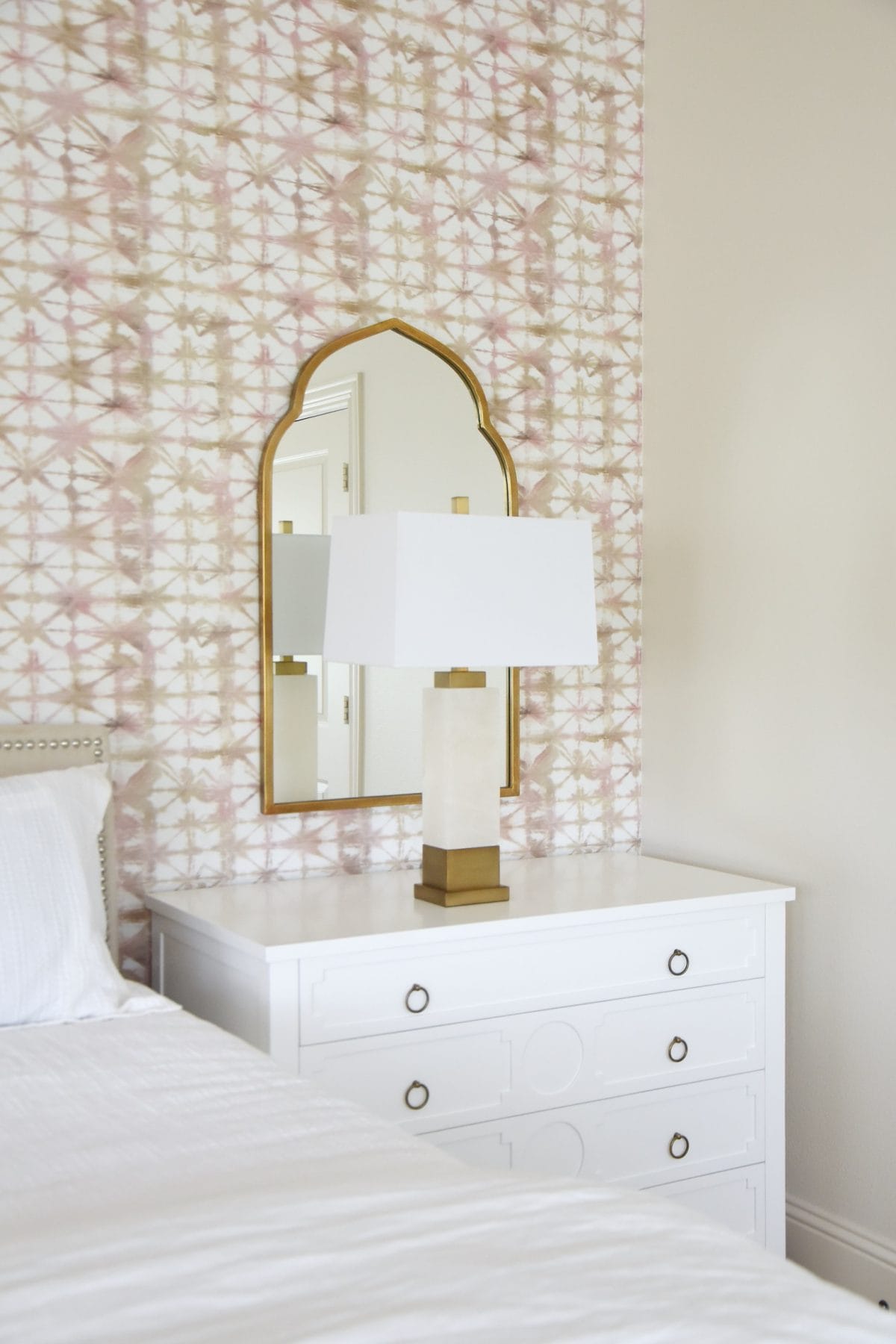 Bedroom lamp and gold arched mirror 