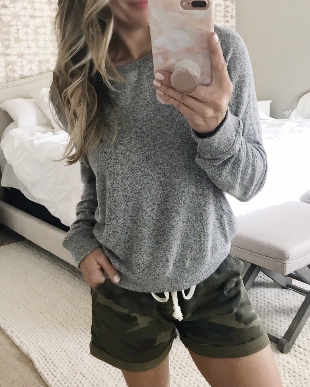 Camo shorts and grey pullover