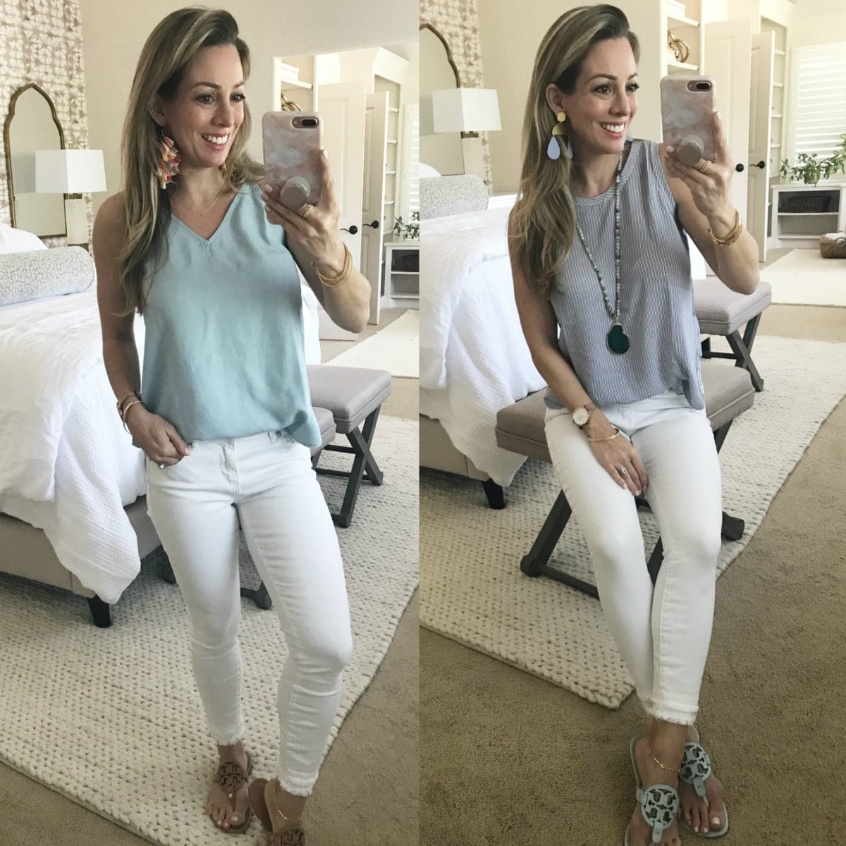 Spring outfit white jeans with tank and tory burch miller sandals