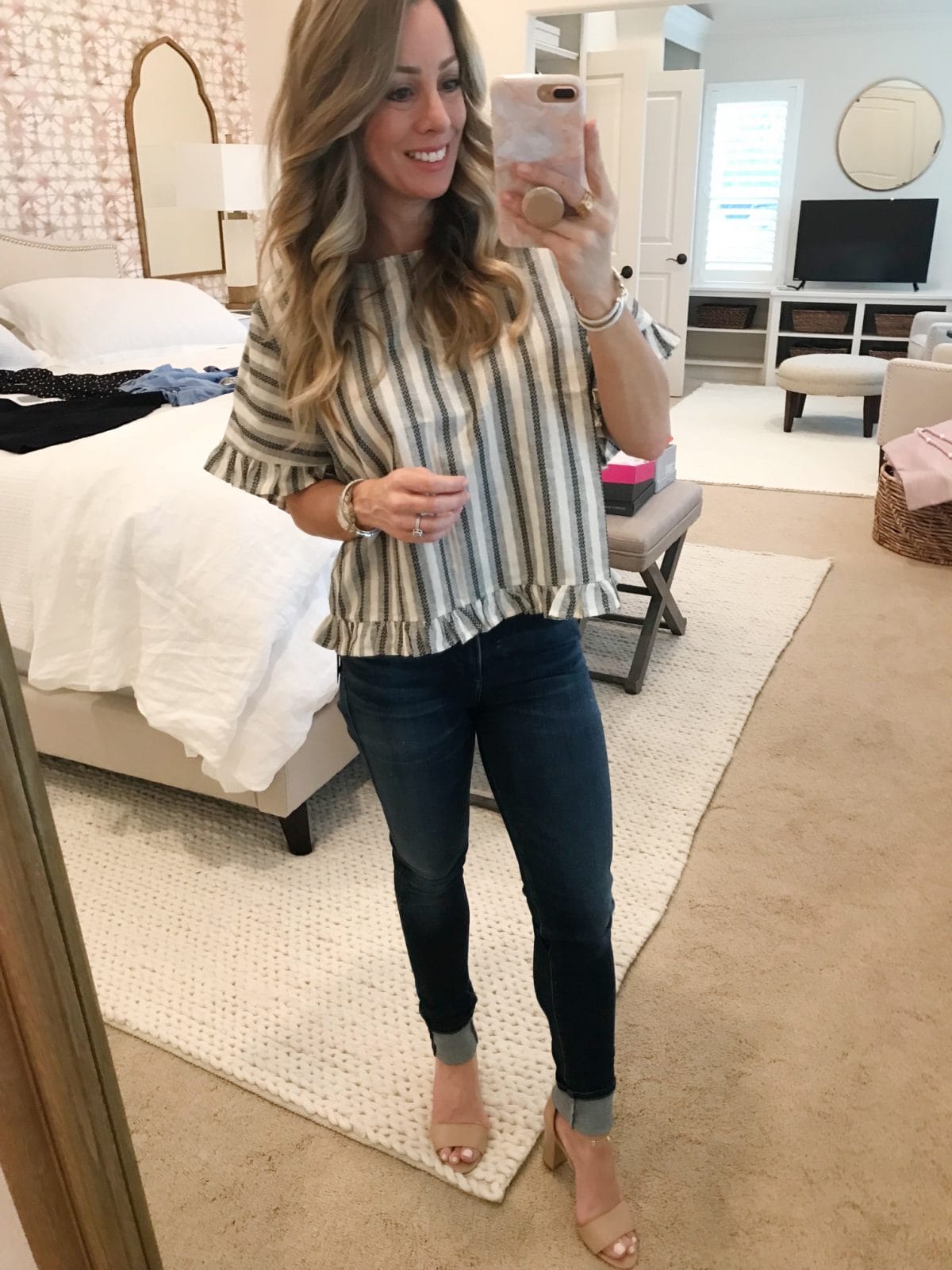 Trunk Club- striped ruffle top and high waist jeans
