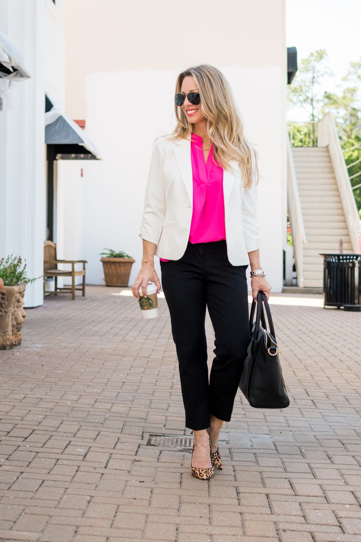 Work Outfit white blazer with black pants pink top leopard heels 