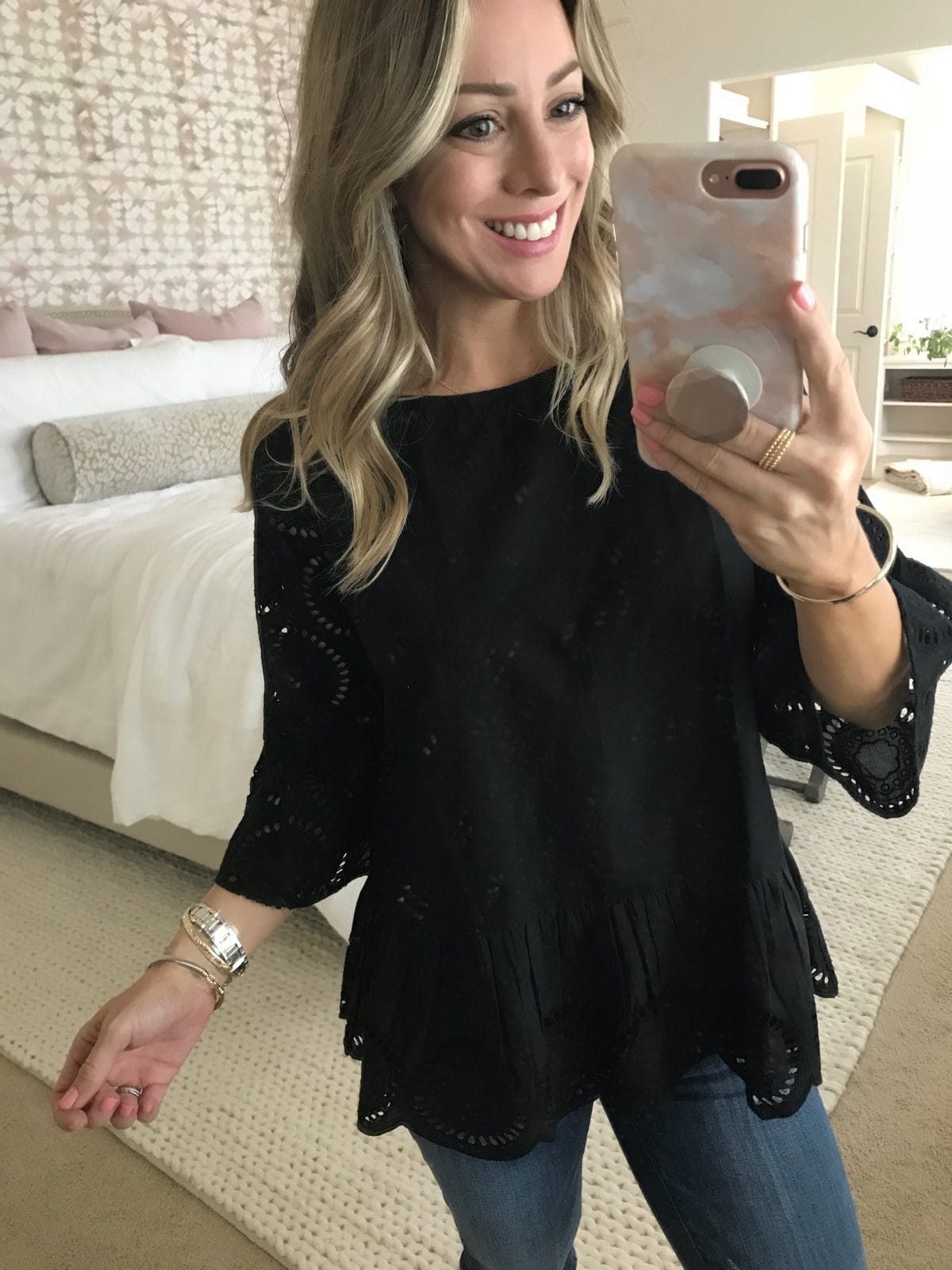 Dressing Room Fit and Review - black eyelet top w 3/4 sleeves and peplum hem