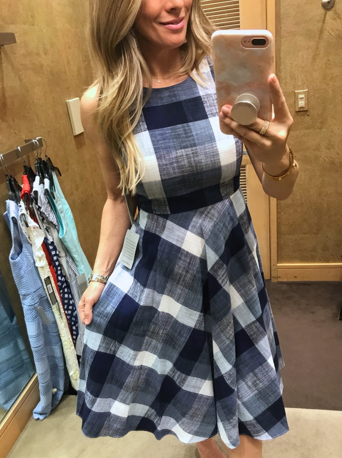 Dressing Room Fit and Review - blue check fit and flare dress