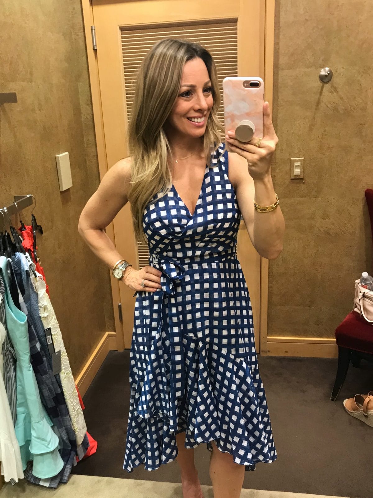 Dressing Room Fit and Review - blue gingham wrap dress