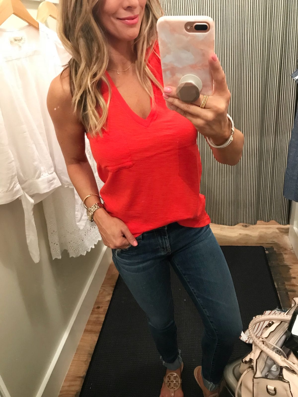 Dressing Room Fit and Review - red v-neck pocket tank and skinny jeans