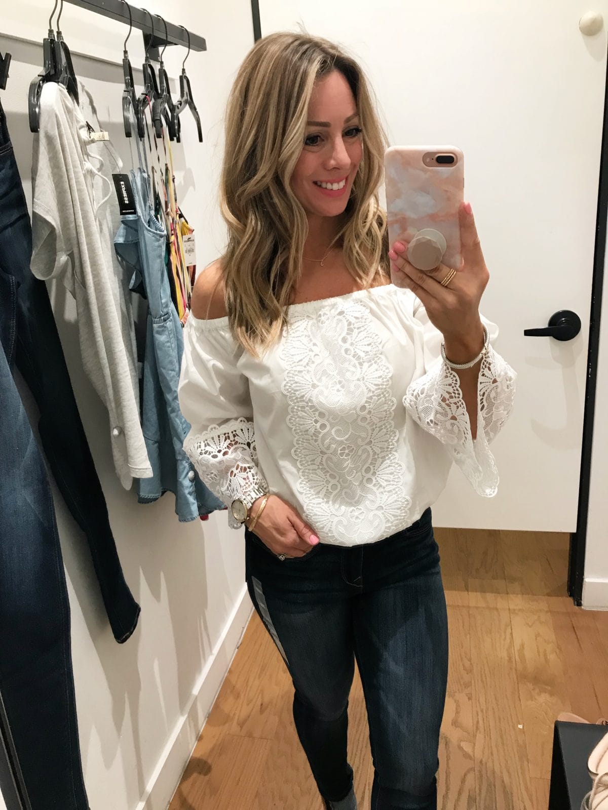 Dressing Room Fit and Review - white crochet off shoulder top