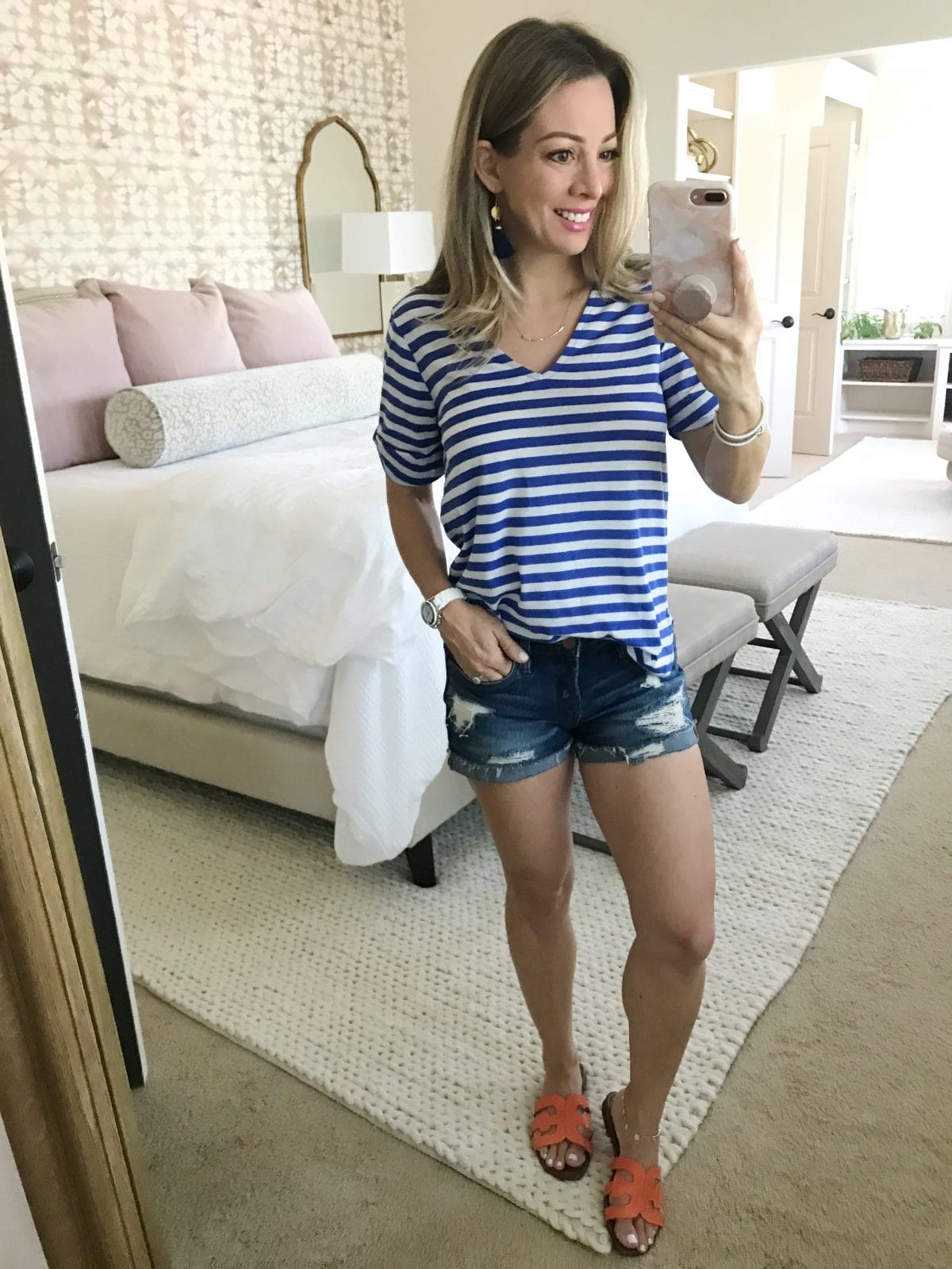 Hi Sugarplum x Gibson blue striped shirt jean shorts and orange sandals