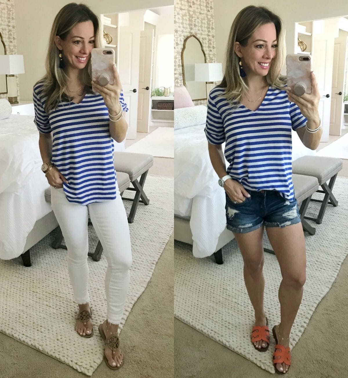 Hi Sugarplum x Gibson blue striped tee with white jeans and jean shorts