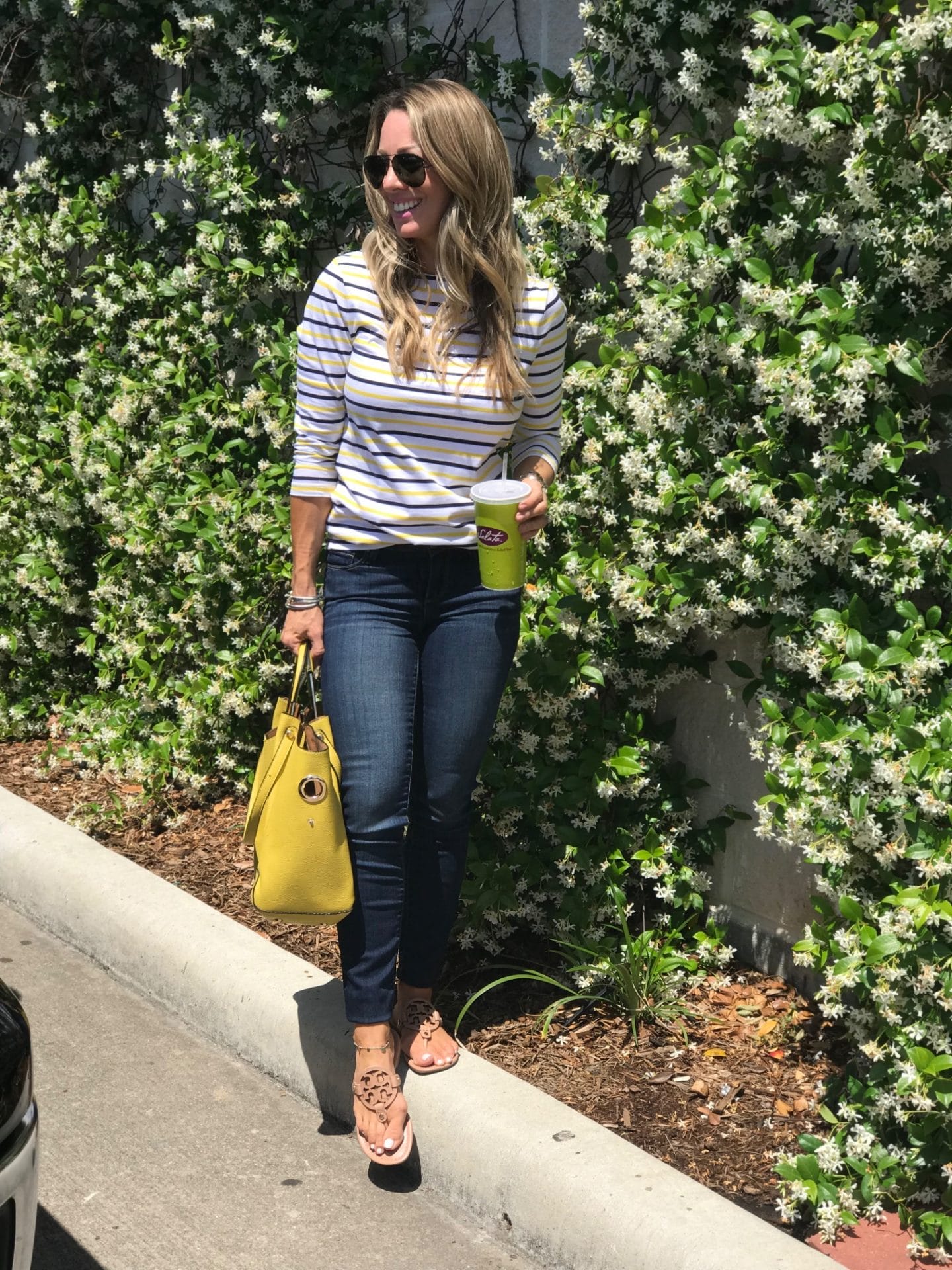 Skinny jeans with striped tee and tory burch miller sandals