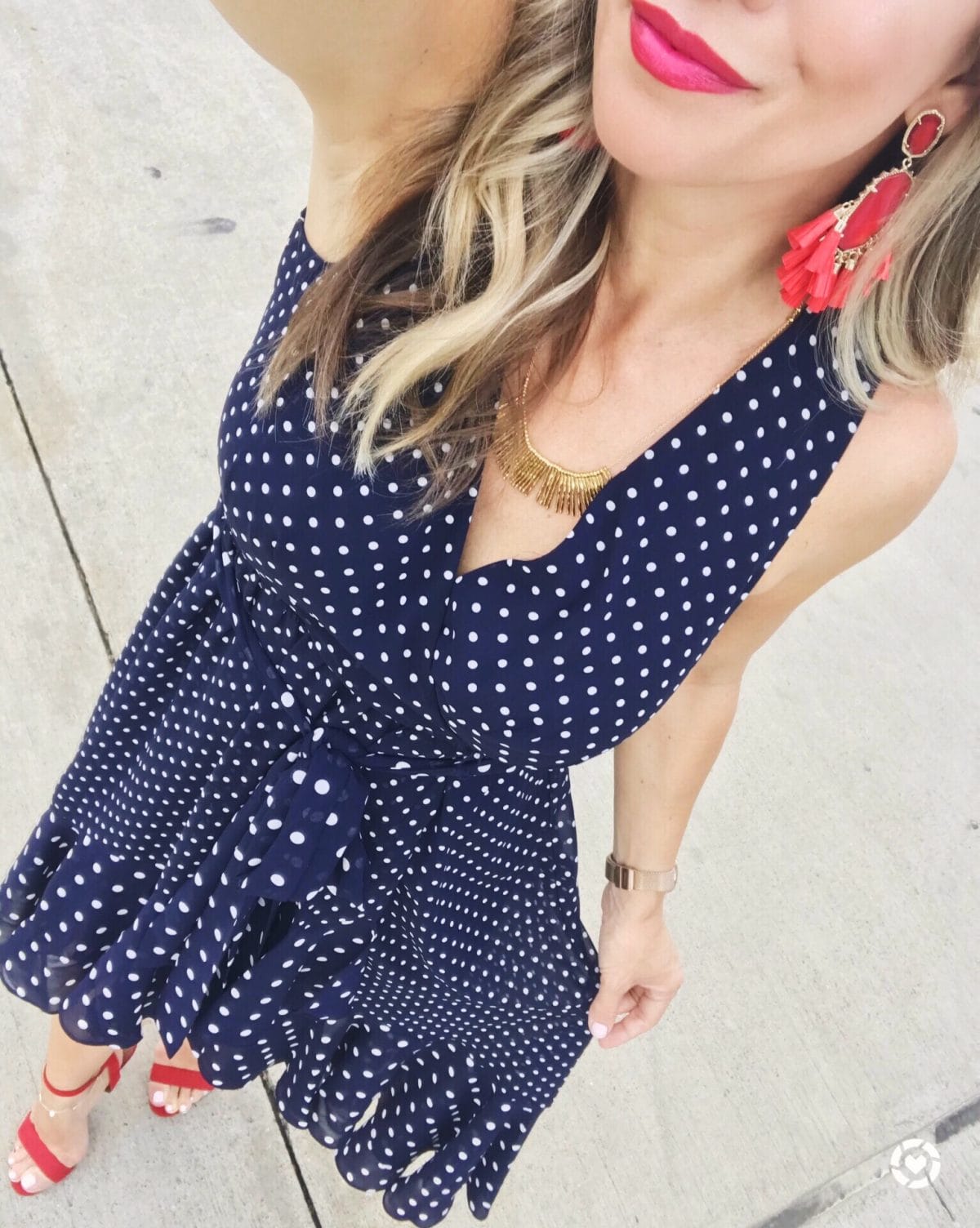 Blue and white polka dot outlet dress with red shoes