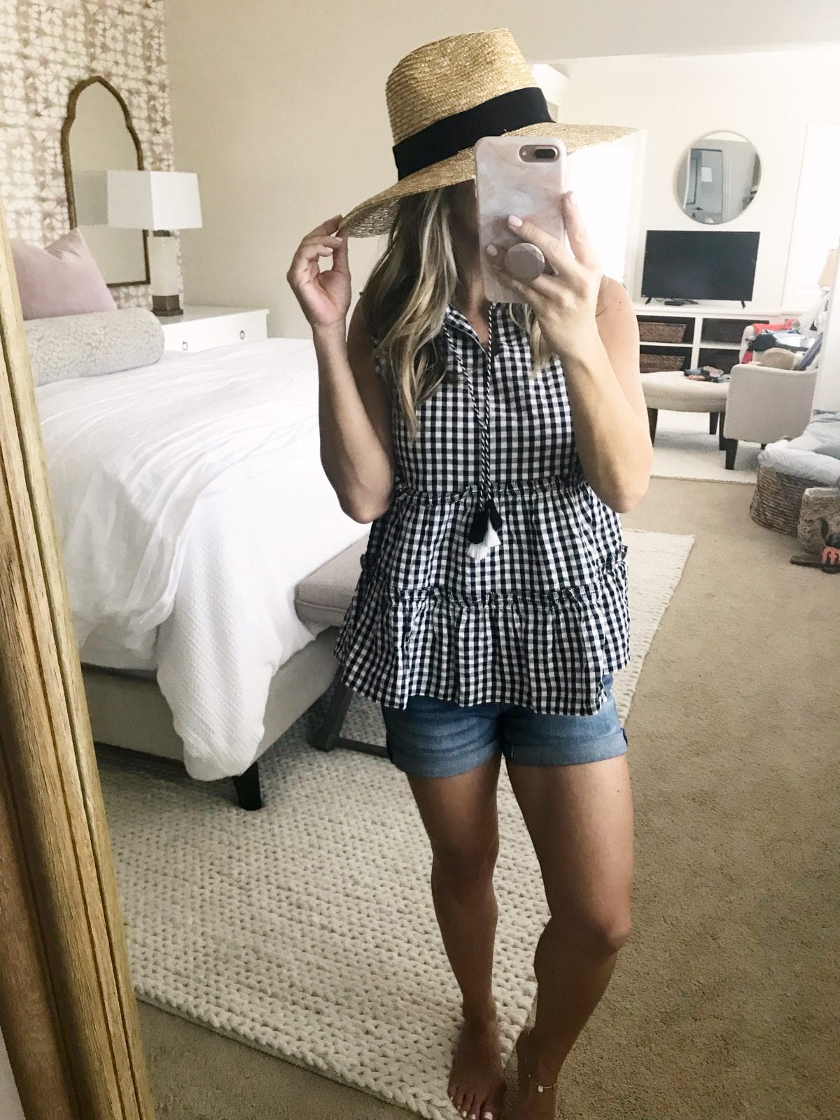 Spring and summer outfit - straw hat gingham top and jean shorts