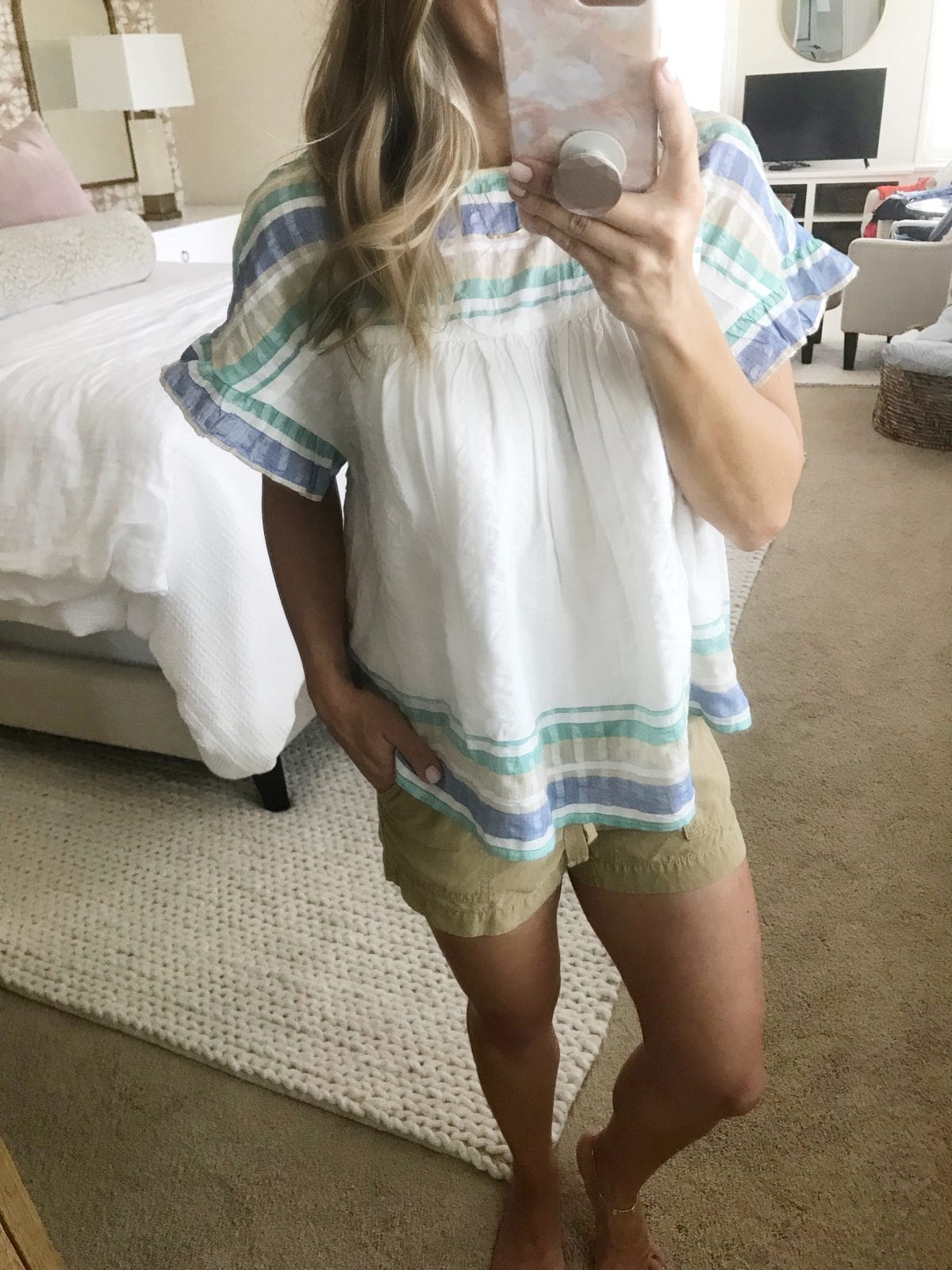 Spring and summer outfit -tan safari shorts and tunic top